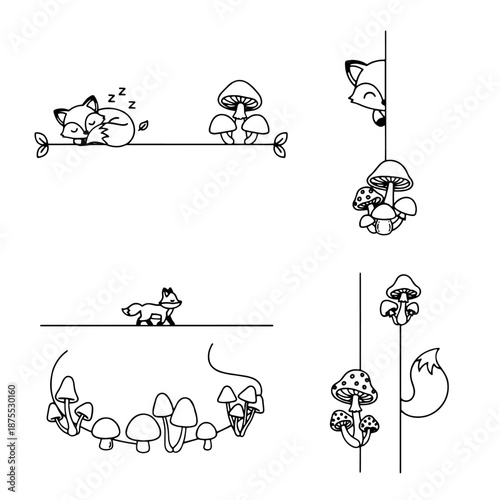 Cute fox and mushroom decorative elements and borders, adorable woodland theme illustration