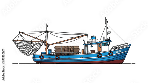 Fishing vessel sailing on the ocean with cargo and nets, side view illustration