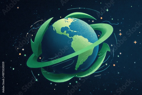 Illustration showing the Earth encircled by green arrows within a starry night background