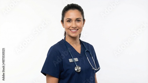 a smiling female nurse wearing blue scrubs and a stethoscope