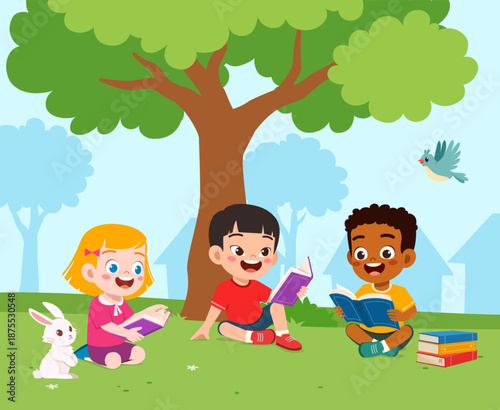 Wallpaper Mural Smiling White Asian and Black Children Happily Reading Books Outdoors Under a Tree with a Rabbit and Flying Bird Torontodigital.ca