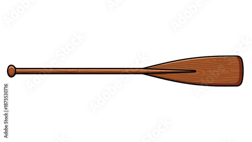 A wooden oar lies horizontally against a plain white background in a studio setting from a straight-on viewpoint