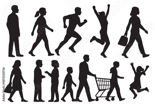 Silhouettes of people walking running and shopping in various poses and activities on transparent background