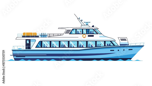 A large blue and white ferry boat sailing on calm waters