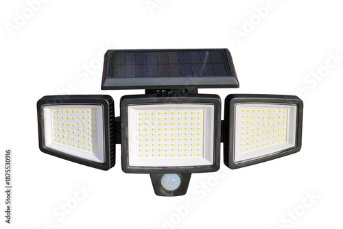 Solar-Powered Three-Head LED Floodlight with Motion Sensor on White Background