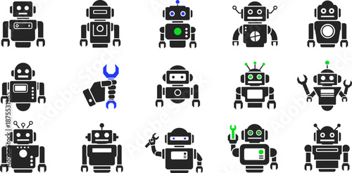 Artificial Intelligence and Robotics Icon Set with Robot Characters and Mechanical Parts.