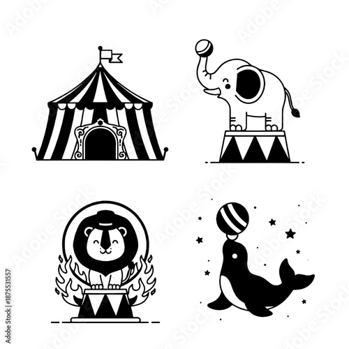 Magical Circus Act: A whimsical illustration showcases the enchanting world of circus artistry, featuring a captivating scene filled with lively animal performers.