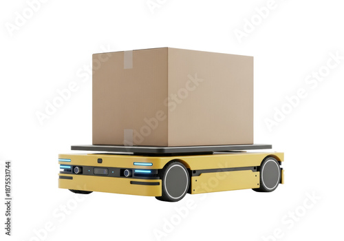 sleek matte yellow low-profile autonomous robot (amr) balancing a large brown parcel box on a pure white infinity studio background, high-key product photo. concept of reliable automation
