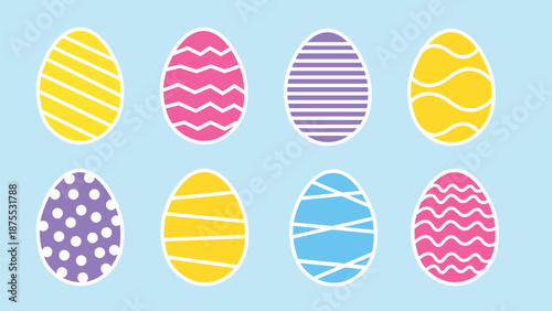 Colorful patterned Easter eggs on a light blue background Keywords: Easter eggs, collection, set
