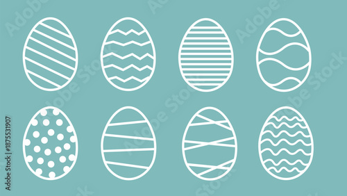 Eight white patterned Easter eggs on a teal background Keywords: Easter eggs, collection, set