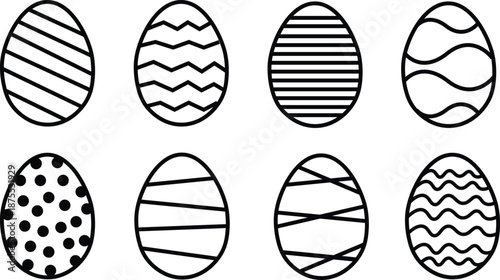 Collection of eight black and white patterned Easter eggs Keywords: Easter eggs, collection, set