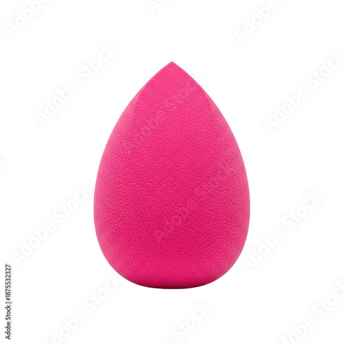 macro, hyper-detailed shot of a pristine, highly saturated hot pink beauty blender on a pure studio white backdrop, highlighting porous foam texture. Concept for luxury cosmetics marketing