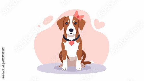 Charming cartoon dog illustration with a red bow and heart tag, symbolizing pet love and companionship