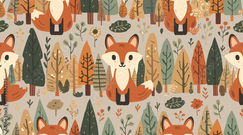 Vector template featuring seamless vector patterns of a cute brown fox standing in a vibrant forest with a flat design style, incorporating earthy tones such 