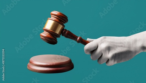 contemporary art collage featuring a hand with a judicial hammer