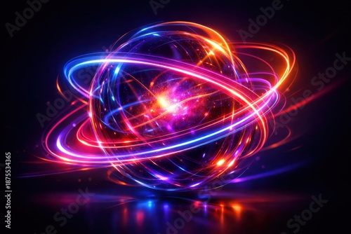 Glowing energy sphere with colorful orbital light trails, atomic structure, futuristic technology and quantum power concept.
