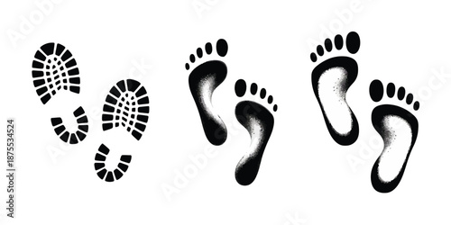 Human and shoe footprint vector icon collection showing barefoot and shoe prints, isolated on white background, ideal for tracking, activity monitoring, forensic investigation, education