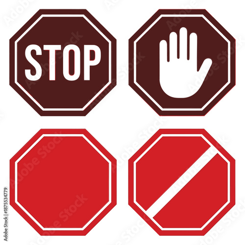 Four different types of stop traffic signs on white background