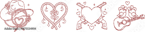 Western cowboy valentine hand drawn vector line art set with guitar birds and lasso heart for boho wedding invitation aesthetic illustration print