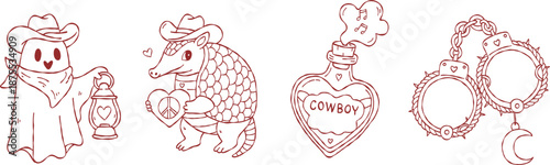 Cute western valentine hand drawn vector line art set with ghost armadillo cowboy potion and handcuffs for boho wedding invitation aesthetic illustration
