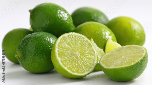 Natural lime display: vibrant green rinds and juicy interiors on a clean white background