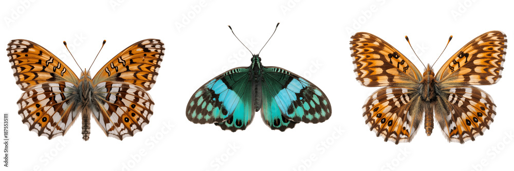 Fototapeta premium Three colorful butterflies on white isolated on transparent background