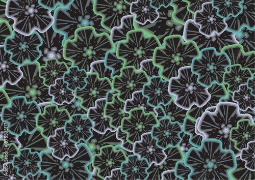 Dark camouflage backdrop created by flower elements. Autumn motifs - abstract textural backdrop for prints, fabrics, business concepts, covers, camouflage uniform, interior solutions, tiles, posters