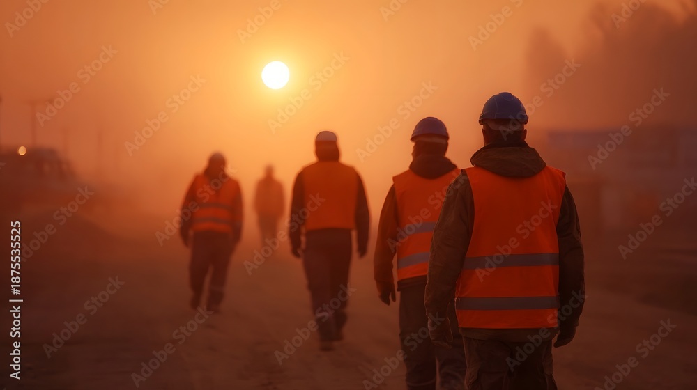 Fototapeta premium Workers in reflective vests walk through dust and fog at sunrise on a construction site