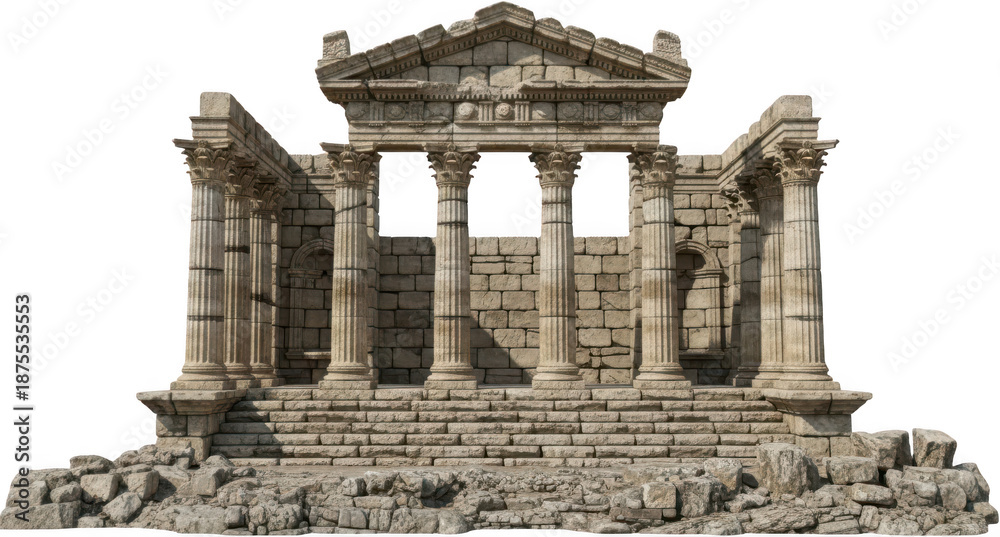 Fototapeta premium Ancient stone temple ruins with Corinthian columns and weathered architectural details conveying a sense of history and decay architecture classical historic antique monument transparent background