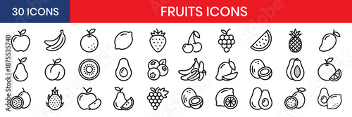 Fruits thin line icon set apple banana orange lemon strawberry cherry