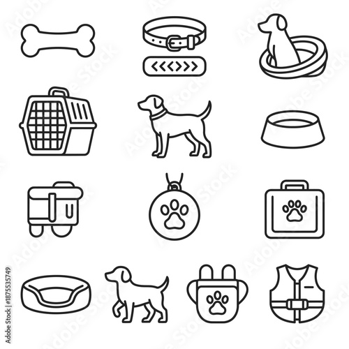 black and white line drawing dog related items icons set