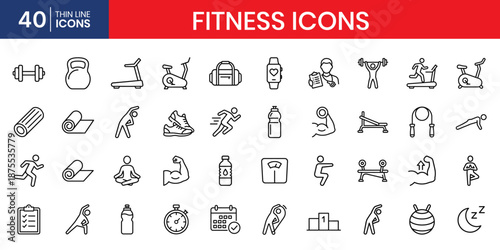 Fitness thin line icon set dumbbell barbell kettlebell