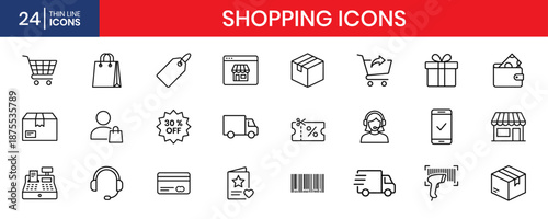 Shopping and retail thin line icon set cart