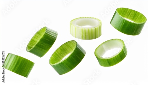 fresh cut green onion pieces flying in the air isolated on white background