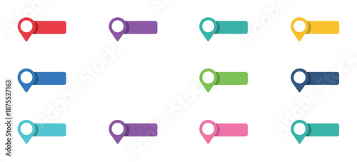 Map vector icon collection including location pins, geolocation markers, and pointer icons with text space, ideal for travel, navigation design, digital maps, urban planning