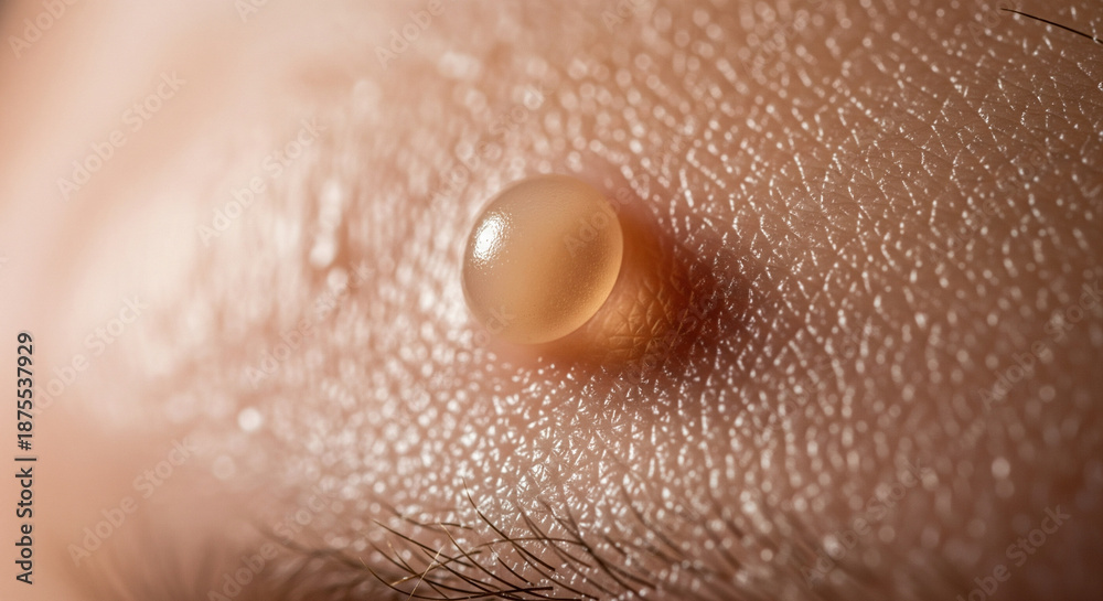 Fototapeta premium Macro shot of a single translucent liquid droplet on human skin. An extreme close-up showing a clear drop of oil, serum, or water on the textured surface of human skin, highlighting pores and moisture