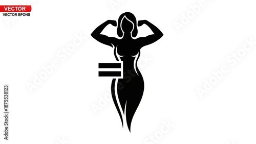 Woman flexing muscles with equal sign symbol on waist