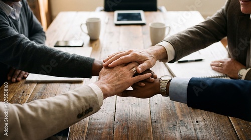 Hands Stacking Close Up Table Meeting Starts Symbol Teamwork Unity Diverse Group Collaboration