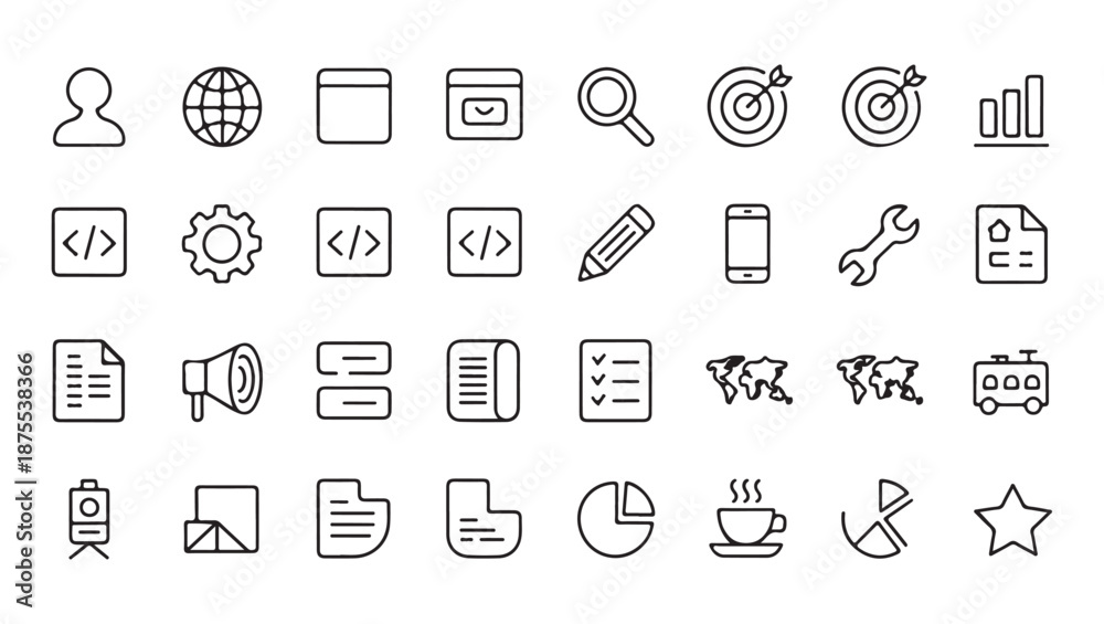 Fototapeta premium Corporate thin line icon set for software interface including world map coding tools target and business report