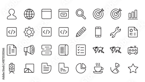 Corporate thin line icon set for software interface including world map coding tools target and business report