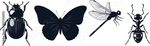 Silhouette of various insects including a beetle butterfly dragonfly and ant