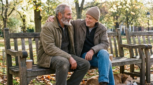 Two Men Sitting Park Bench Arm Around Shoulder Deep Conversation Supportive Quiet Friendship