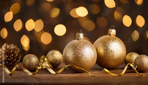 Panoramic Golden Christmas Ornaments With Bokeh Lights And Pine Cones