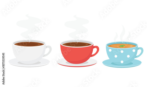 Coffee cup set vector in flat cartoon style. Collection of cozy hot drink cups including coffee and tea mugs. Kitchen and cozy beverage illustration isolated on white background.