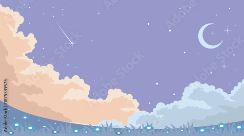 Night landscape with moon, shooting star and dreamy clouds