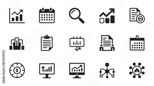 Billede på lærred Set of fifteen business and finance icon glyphs for analytics report presentatio