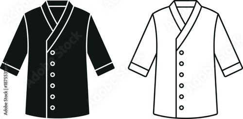 Black silhouette and outline vector of a spa robe or chef jacket, professional uniform icon set isolated on white background. (20 words)