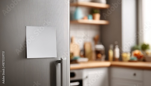 Modern kitchen, close-up of a fridge with a blank square note, blurred kitchen background