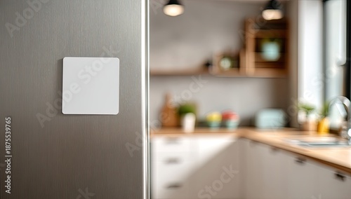 Modern kitchen with a stainless steel refrigerator and a blank, square magnetic sign