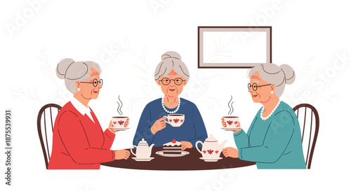 Three happy senior women who are old friends enjoying tea and cake together while chatting at a table in a cozy room.